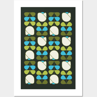 Retro Geometric Floral Pattern 1 in Green, Blue, Cream Posters and Art